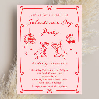 Hand Drawn Whimsy Pink & Red Galentine's Day Party Inbjudningar