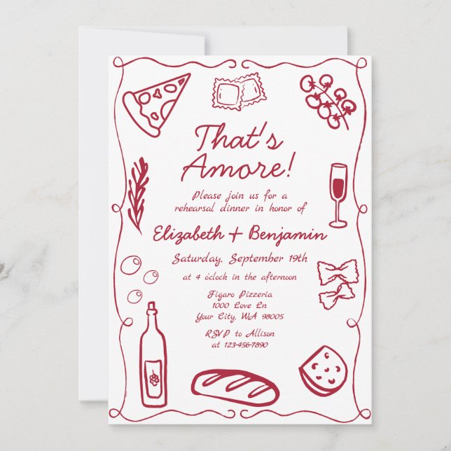 Hand Drawn Wine Red Retro Italian Rehearsal Dinner Inbjudningar (Framsida)