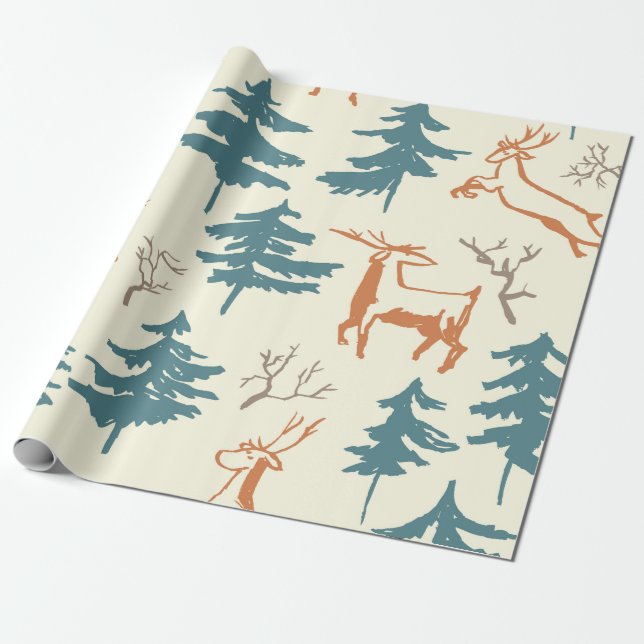 Hand drawn winter seamless pattern with deer and p presentpapper (Utrullad)