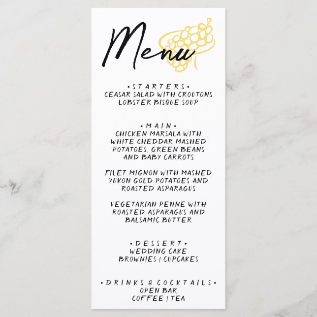 Hand Drawn Yellow White Whimsical Wedding Menu Meny (Framsida)