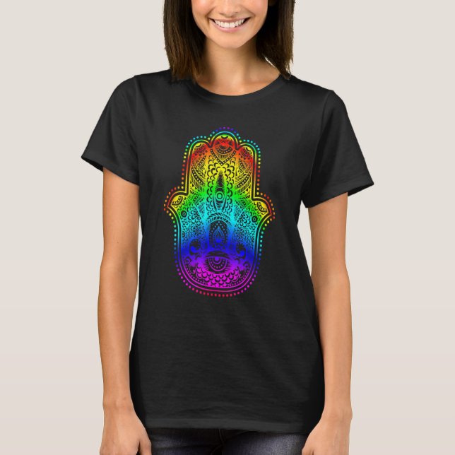Hand Fatima Eye Rainbow Style Mandala T Shirt (Framsida)