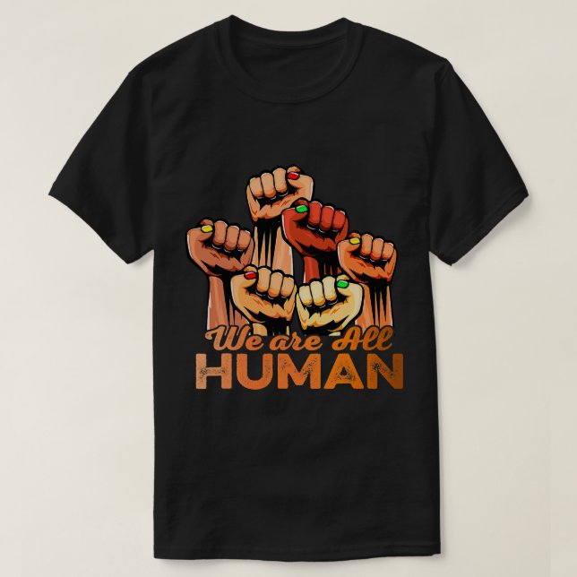 Hand Fist, vi är alla humaniskt Pride svart. T Shirt (Design framsida)