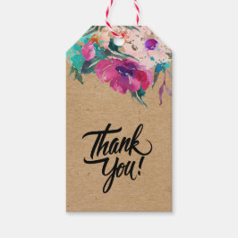 Hand gjorde vattenfärgsblommor på Kraft papper ros Presentetikett