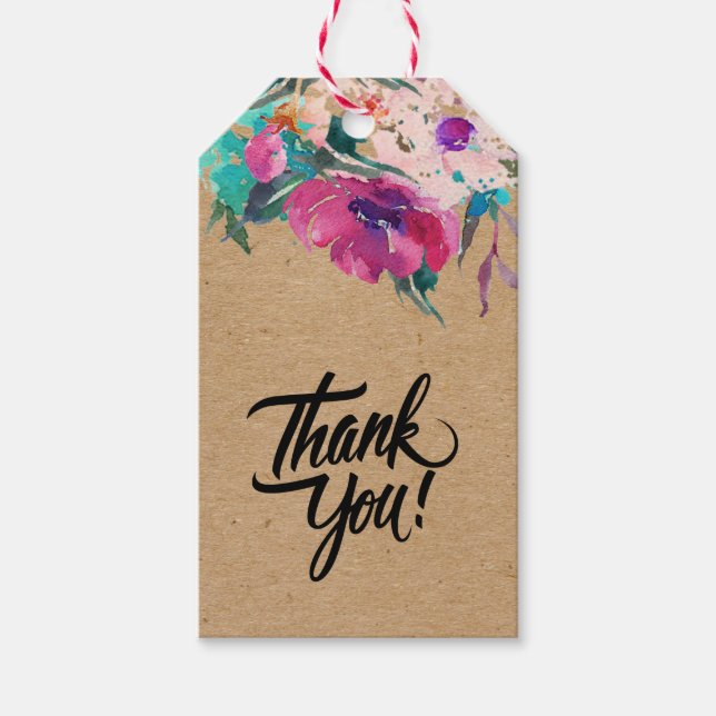 Hand gjorde vattenfärgsblommor på Kraft papper ros Presentetikett (Framsidan)