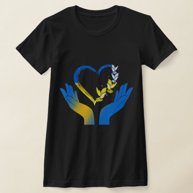 Hand Heart Ukrainas Flagga Dove Ukraina står med T Shirt (Laydown)