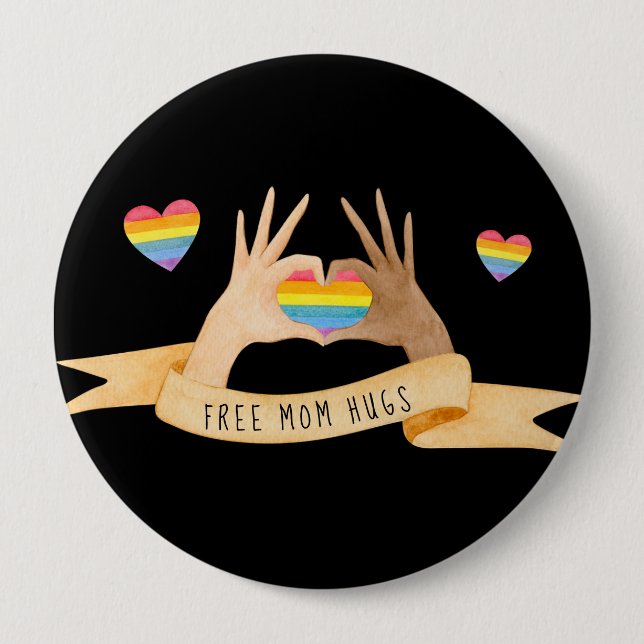Hand Hearts Free Mamma Hugs | Pridet Rainbow LGBTQ Knapp (Framsida)