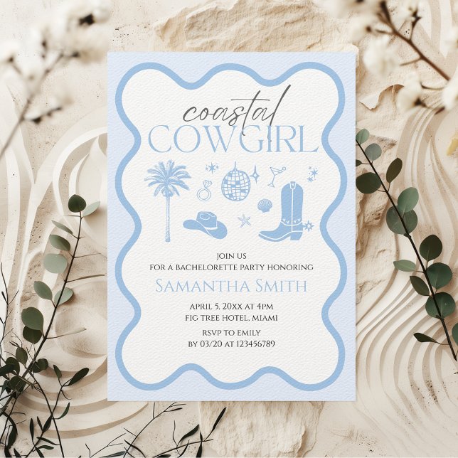 Hand Illustrated Coastal Cowgirl Blue Bachelorette Inbjudningar (Coastal Cowgirl Bachelorette Party Invitation)