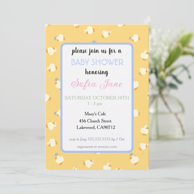 Hand Illustrated Cute Ducks Yellow Baby Shower Inbjudningar (Stående Fram)