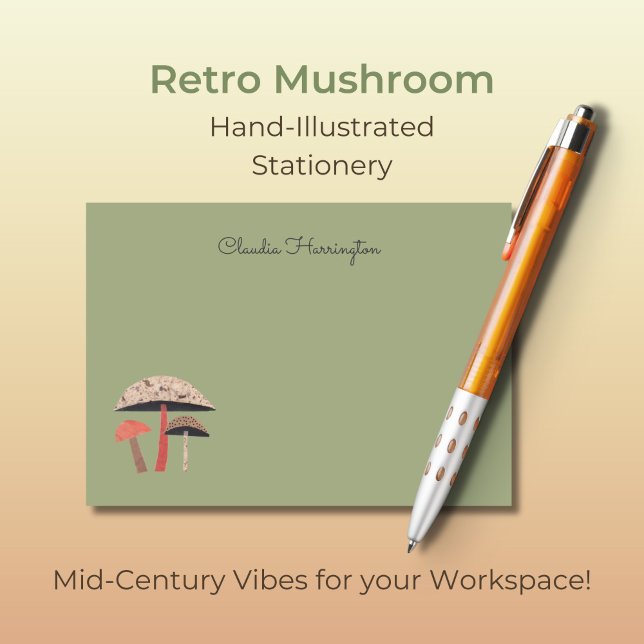 Hand-Illustrated Midsekels Mushroom Sage Grönt Post-it Block (These retro midcentury mushroom notecards are truly unique, with my own original art.)