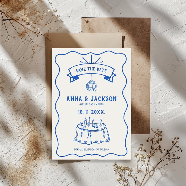 Hand Illustrated Quirky Retro Teckning Blue Bröllo Spara Datumet (Retro Hand Illustrated Blue And White Quirky Wedding Save the Date )
