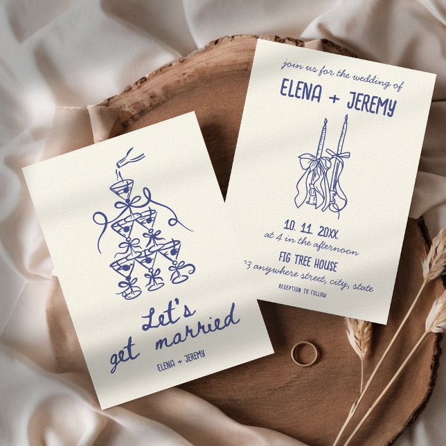 Hand Illustrated Retro Fransk Blue Quirky Bröllop Inbjudningar (Let's get married Funny Whimsical Quirky Hand Illustrated Blue French Vintage Wedding Invitation )