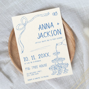 Hand Illustrated Vintage Fransk Blue Bröllop Inbjudningar