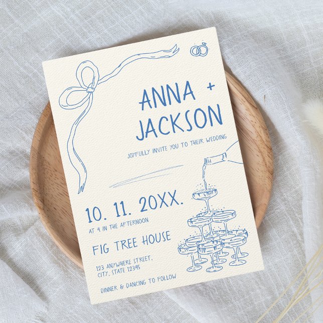 Hand Illustrated Vintage Fransk Blue Bröllop Inbjudningar (Vintage French Hand-illustrated wedding invitation with blue tones)