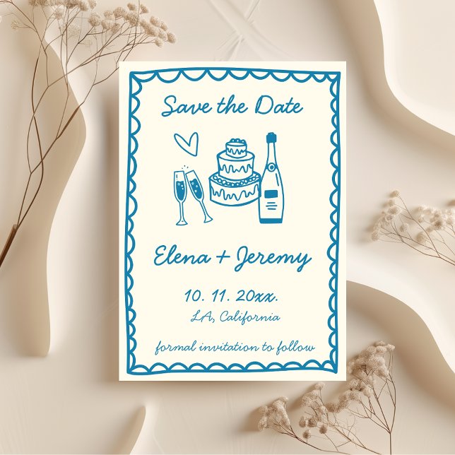 Hand Illustrated Vintage Fransk Blue Bröllop Spara Datumet (Unique Hand Illustrated French Vintage Blue Wedding Save the Date with Wavy Frame, Champagne)