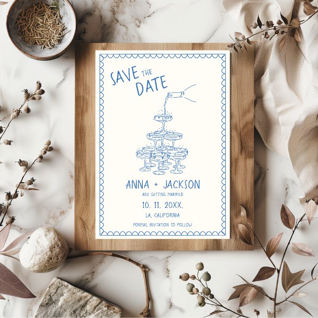 Hand Illustrated Vintage Fransk Blue Bröllop Spara Datumet (Unique quirky hand-written Save the Date inspired by vintage french wedding invitations)