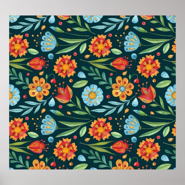 Hand-Illustrated Watercolor Flower Mönster Poster (Framsidan)