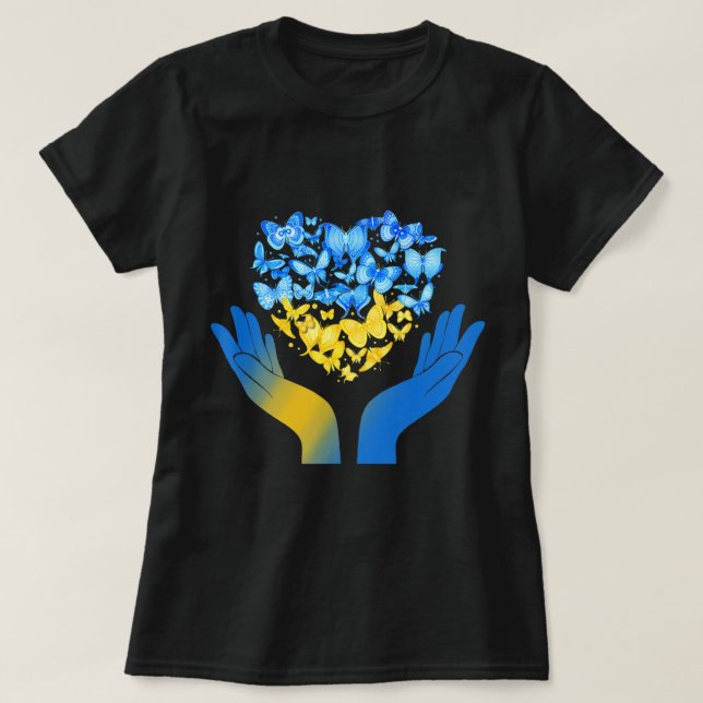 Hand Kärlek Heart Butterfly (ukrainskt Flagga stat T Shirt (Design framsida)