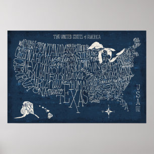 Hand Lettered Blue USA Karta Poster