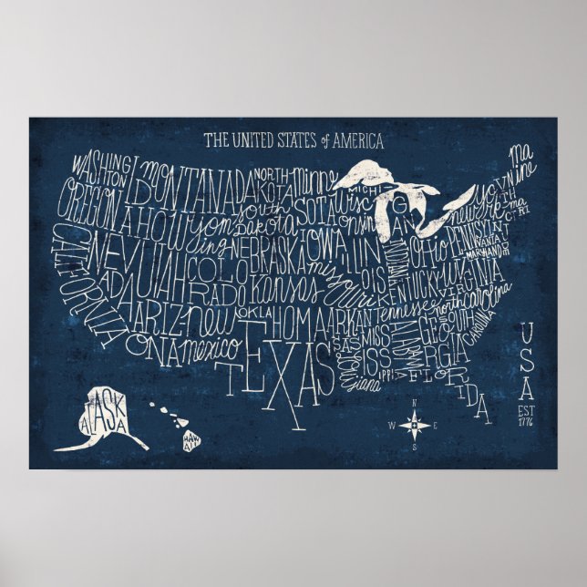 Hand Lettered Blue USA Karta Poster (Framsidan)
