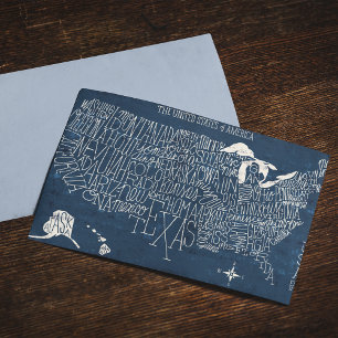 Hand Lettered Blue USA Karta Vykort