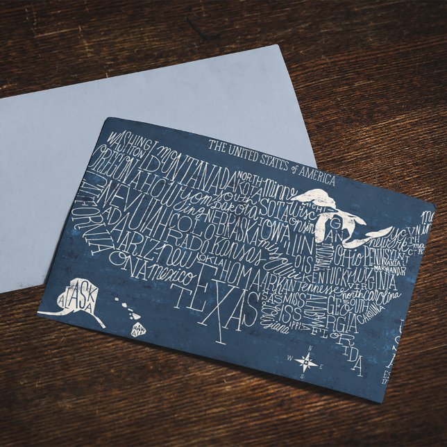 Hand Lettered Blue USA Karta Vykort (Postcard on table)