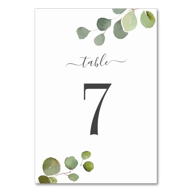 Hand Lettered Eucalyptus Rustic Bröllop Bord Card Bordsnummer (Framsidan)