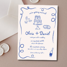 Hand Lettered Fransk Blue Whimsical Bröllop Inbjudningar