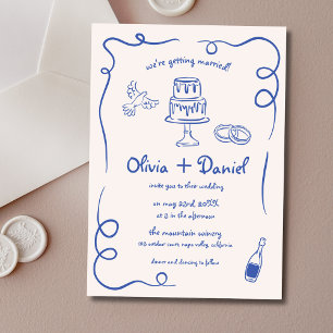 Hand Lettered Fransk Blue Whimsical Bröllop Inbjudningar