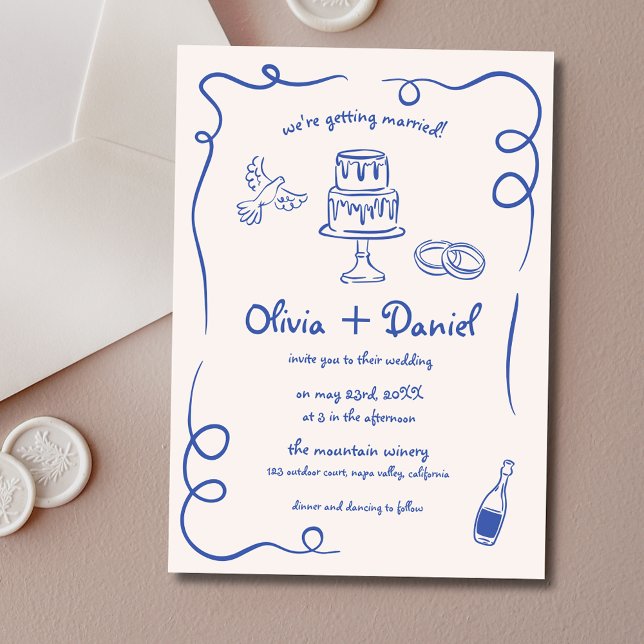 Hand Lettered Fransk Blue Whimsical Bröllop Inbjudningar (Skapare uppladdad)