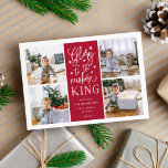 Hand Lettered Glory | Kort för julfoto<br><div class="desc">Modern typografi-baserad helgdag-fotokort innehåller fyra av dina favoritfoton i fyrkantigt format, där "Glory to the newborn kung" är centrerat i vit handskriven stil-typografi på framtidens rött. Anpassa med din familj namn, namn och/eller ditt anpassningsbar julbudskap. Kort bakåt till en mönster av vit snö och stjärnor på en matchande röd helgdag....</div>