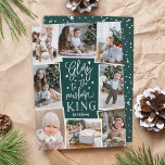 Hand Lettered Glory | Multi Photo Collage Julkort<br><div class="desc">Beautiful typography based religious holiday photo card features eight of your favorite family photos arranged in a collage layout. "Glory to the newborn king" appears in the center in white hand lettered typography on a rich hunter green background dotted with festive stars. Personalize with your family name beneath.</div>