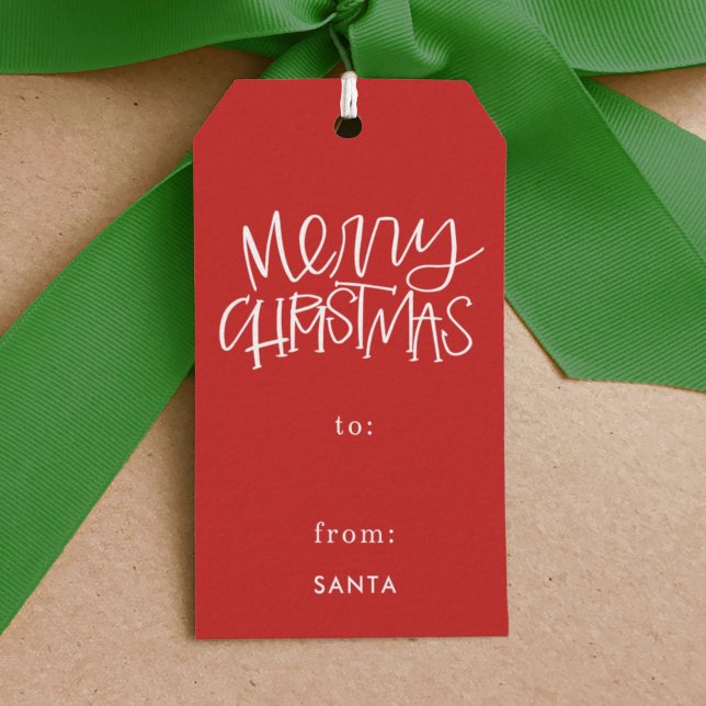 Hand Lettered God jul Red Gift Märkres Presentetikett (Hand-lettered Merry Christmas red holiday gift tag.)