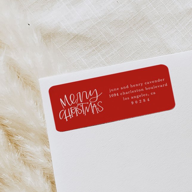 Hand Lettered God jul Returadress Returadress Etikett (Red Merry Christmas festive return address labels.)