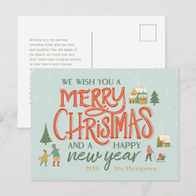 Hand Lettered God jul Village Helg Vykort (Fram/baksida)