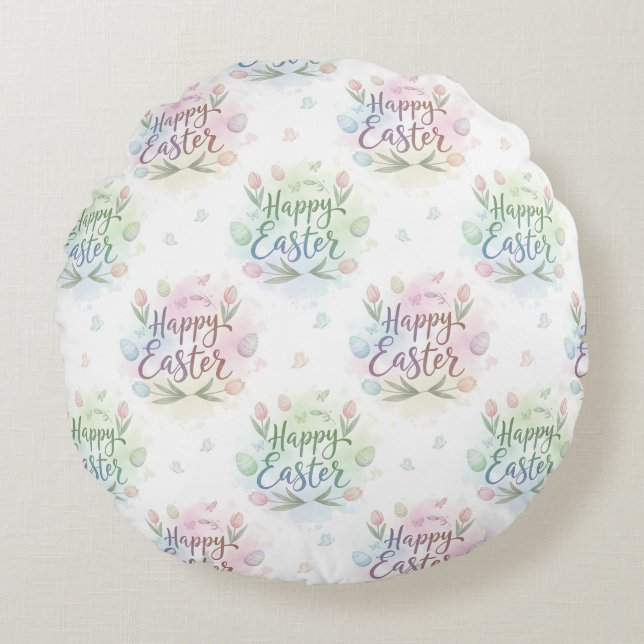 Hand-Lettered Happy Easter Watercolor Rund Kudde (Framsidan)