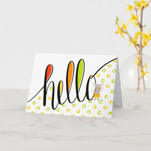 Hand Lettered Hej with Cute Mouse Illustration Kort (Gul blomma)
