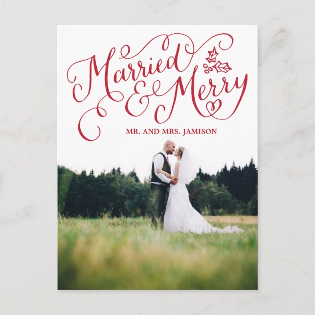 Hand Lettered Helgdag Married and Merry Helg Vykort (Framsida)