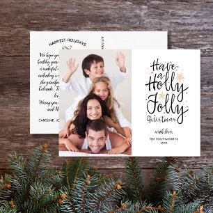 Hand Lettered Holly Jolly-julfamiljfoto Vykort
