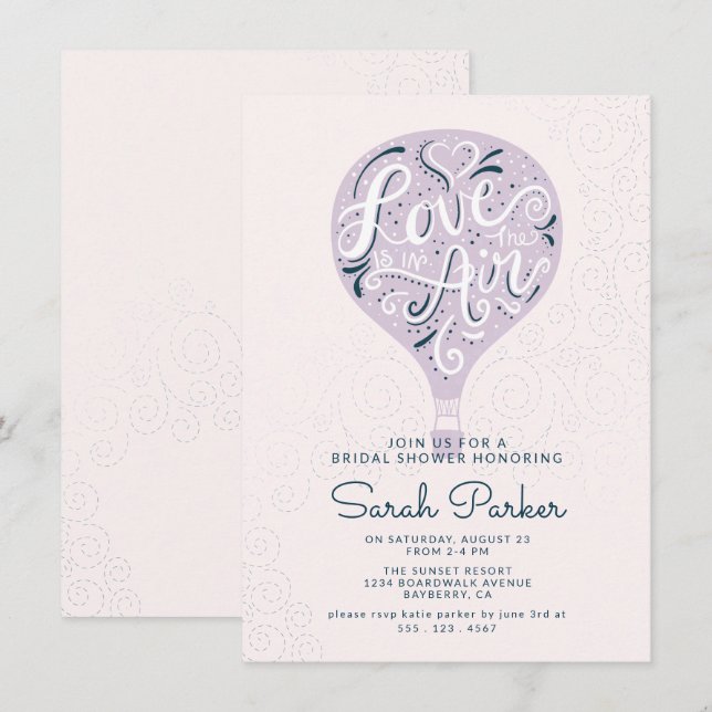 Hand Lettered Lila Luftballong Möhippa Inbjudningar (Fram/baksida)