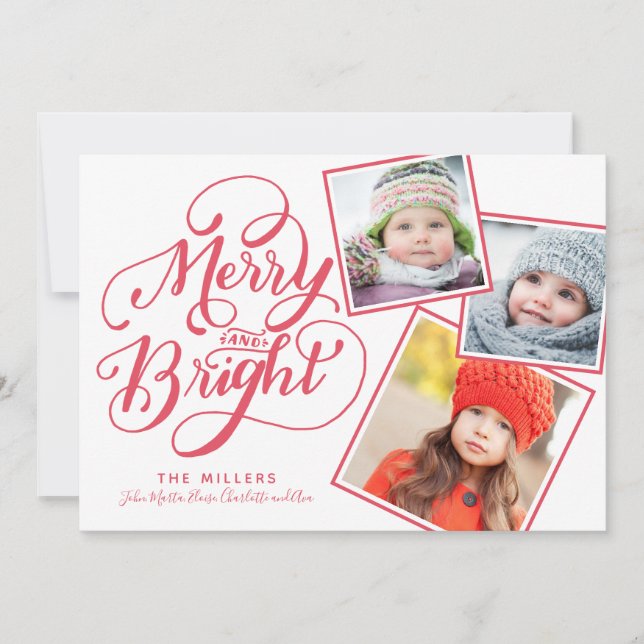 Hand Lettered Merry och Bright Jul Snapshots Julkort (Framsida)
