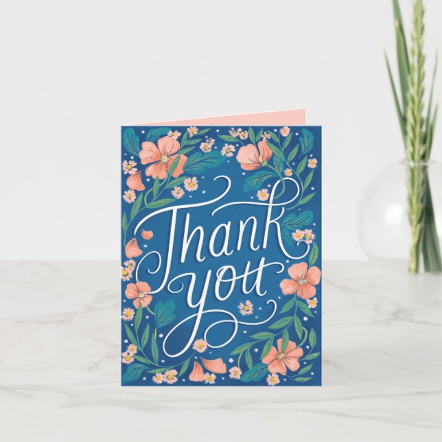 Hand Lettered Peach Blue Blommigt Photo Tack Kort (Framsida)