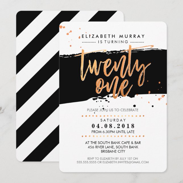 HAND LETTERED SCRIPT trendig kopparfolie svart Inbjudningar (Fram/baksida)