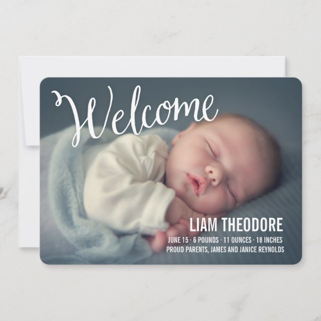 Hand Lettered Welcome Photo Birth Notice Meddelande (Framsida)