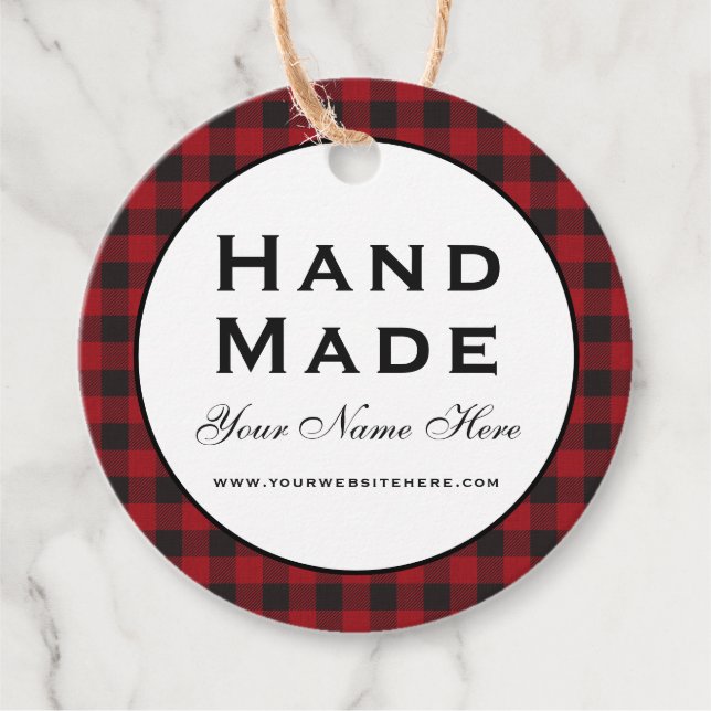 Hand Made Red Plade Round Kraft-Märkre Gåvor Etiketter (Framsida)