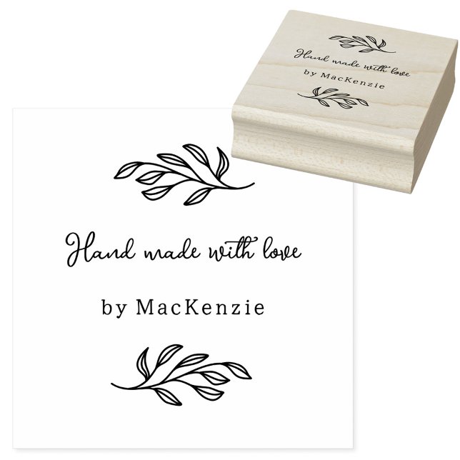 Hand Made With Love Botanical Line Art Custom Name Stämpel (Hand Made with Love custom name botanical leaf line art small business maker rubber stamp)