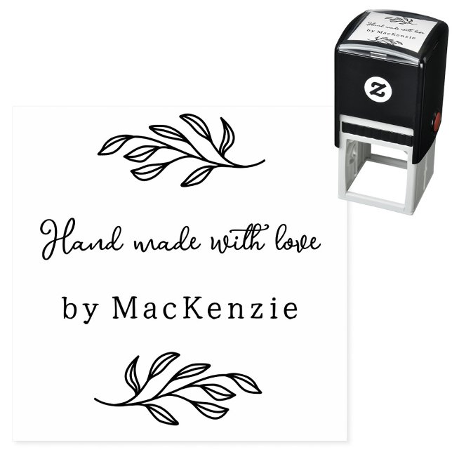 Hand Made With Love Personalized Botanical Leaf Självfärgande Stämpel (Hand Made with Love custom name botanical leaf line art small business maker self inking stamp)