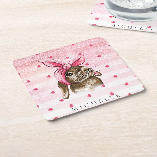 Hand målad Bunny glitter Personlig Underlägg Papper Kvadrat (Vinklad)
