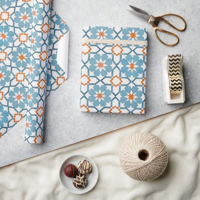 Hand målad geometrisk aqua blue moroccan etnisk presentpapper (Hantverk)