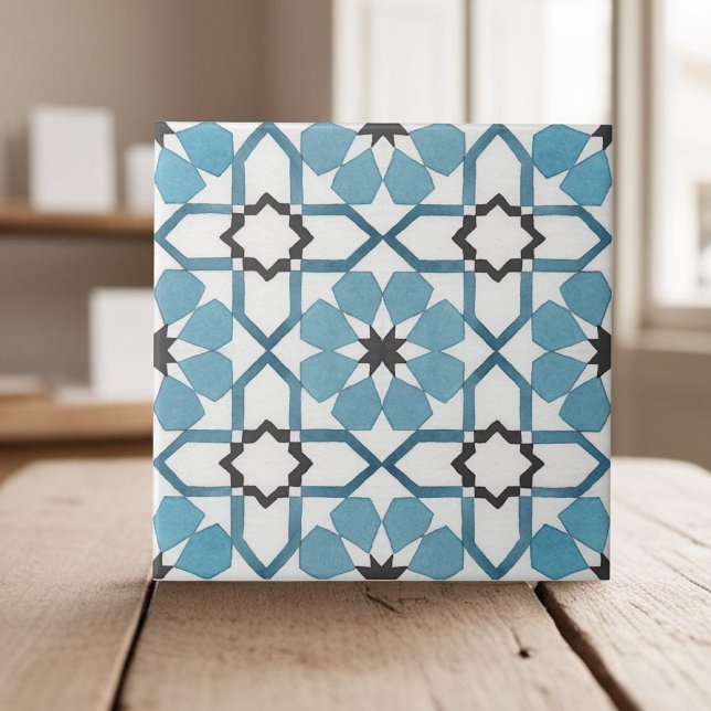 Hand målad geometrisk teal blue moroccan-etnisk et kakelplatta (Skapare uppladdad)
