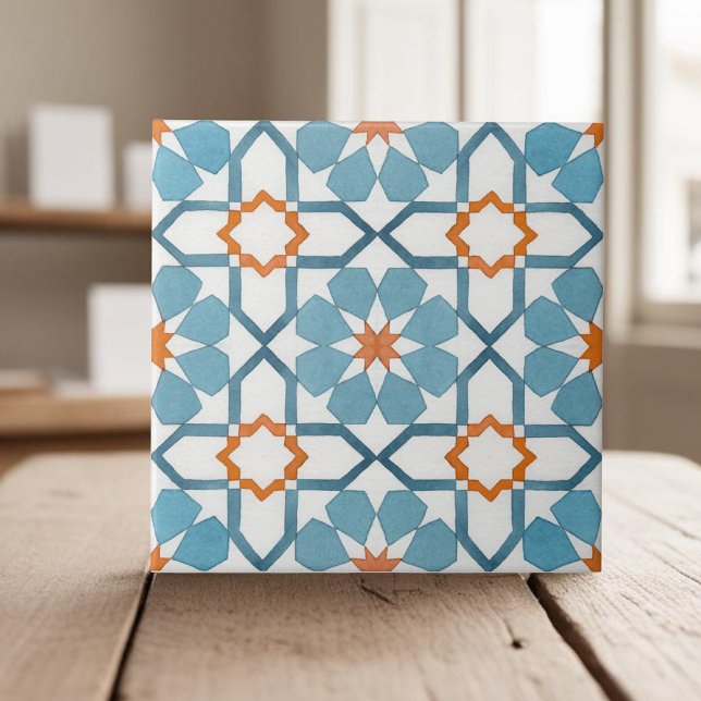 Hand målad geometrisk teal blue moroccan-etnisk et kakelplatta (Skapare uppladdad)